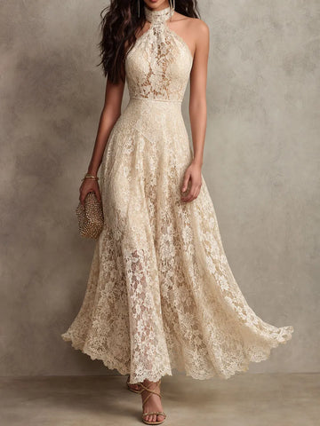Vestido Maxi Retrô Elegante de Noite em Renda Marfim com Gola Halter