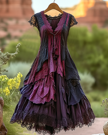 Robe d'été vintage asymétrique avec empiècements en dentelle f4f2