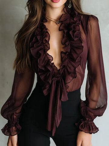Blusa Chiffon Franzida Translúcida com Amarração Frontal Retro Plum