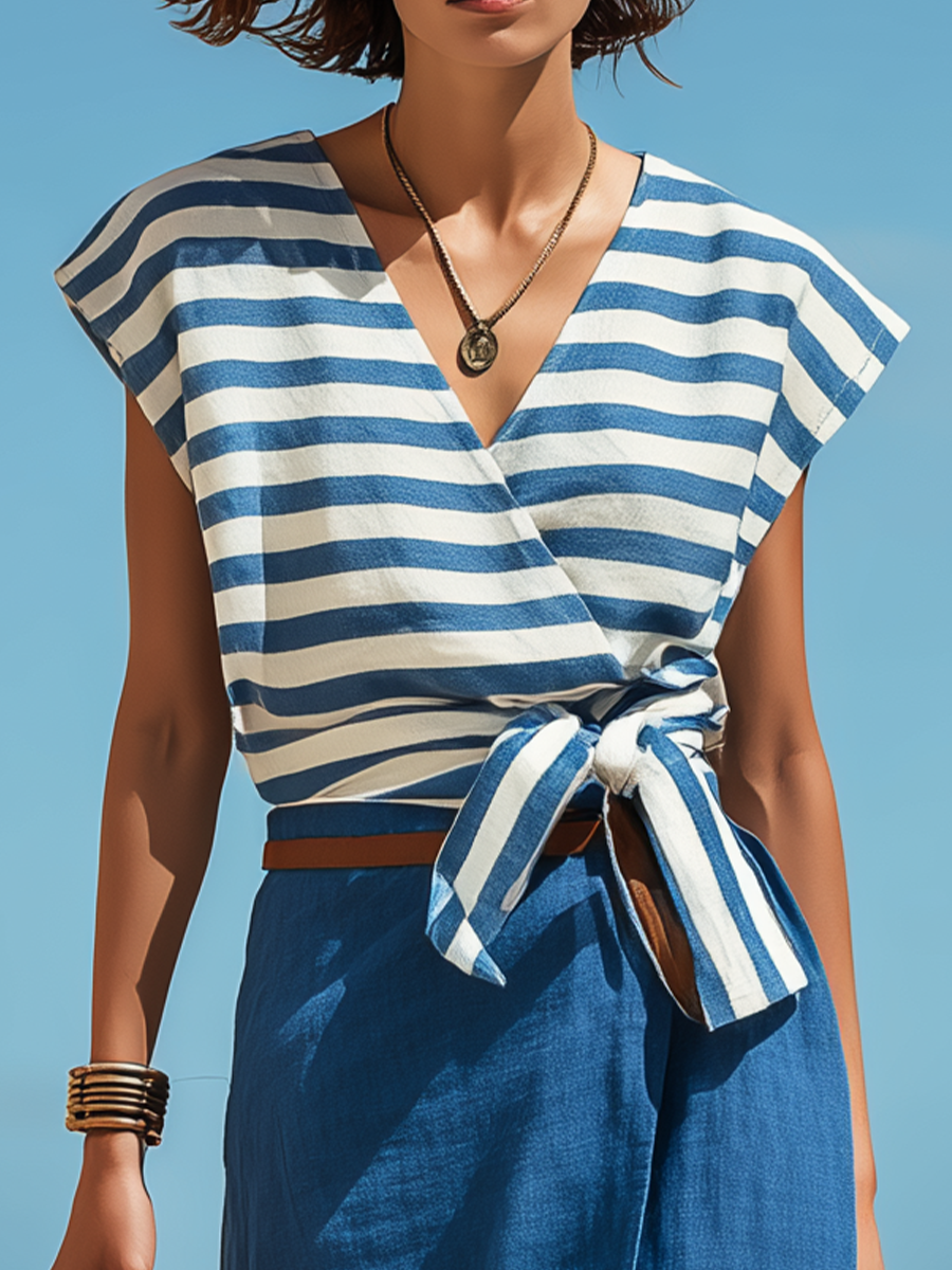 Nautical Striped Wrap Top & Linen Midi Skirt Two-Piece Set