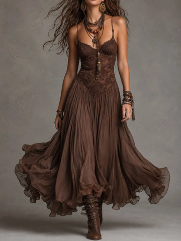 Vestido longo corselet de renda e chiffon marrom escuro
