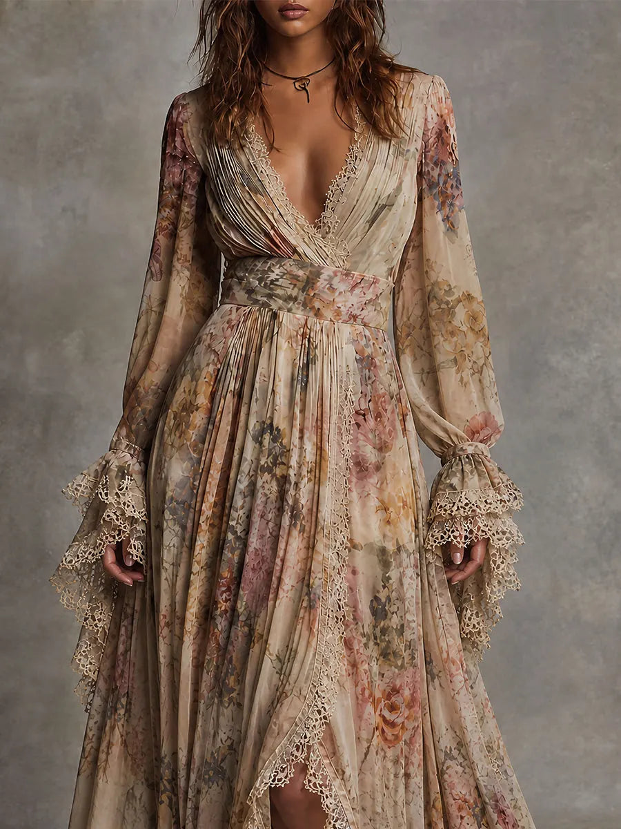 Robe longue bohème à bordure en dentelle florale