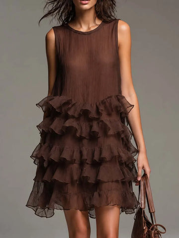 Vestido Curto Boho sem Mangas em Tencel-linho Leve com Camadas de Babados