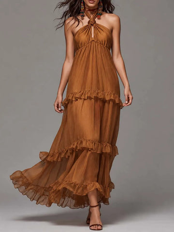 Vestido longo com babados e amarrações, decote frente única, em mescla de tencel-linho, estilo boho
