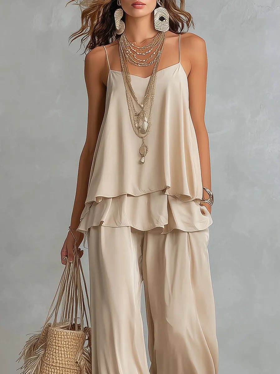 Combinaison de style décontracté minimaliste beige avec camisole et pantalon large