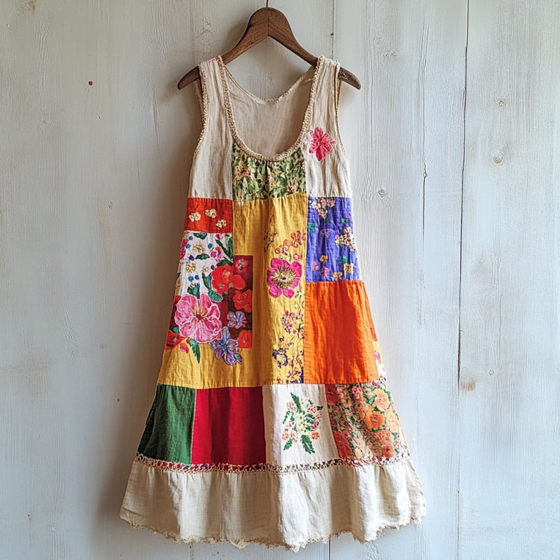 Vestido Boho Floral Patchwork em Linho Mistura 1ebd