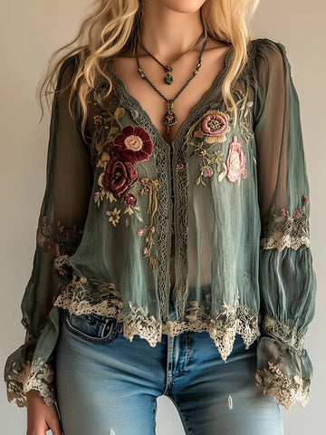 Camisa Bordada Verde Vintage Boêmia