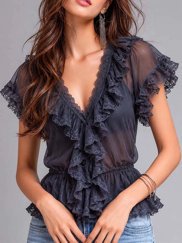 Vintage Elegant Blue-gray Sheer Chiffon Lace Ruffle V-Neck Peplum Top