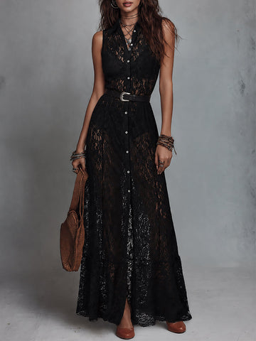 Vintage-Style Shirt Collar Sheer Lace Maxi Dress(Includes Belt)
