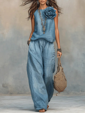 Ensemble Bohème Haut Long Bleu Doux et Pantalon Ample