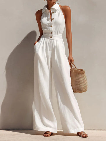 Tuta intera a gamba larga stile Boho Chic bianca con abbottonatura frontale