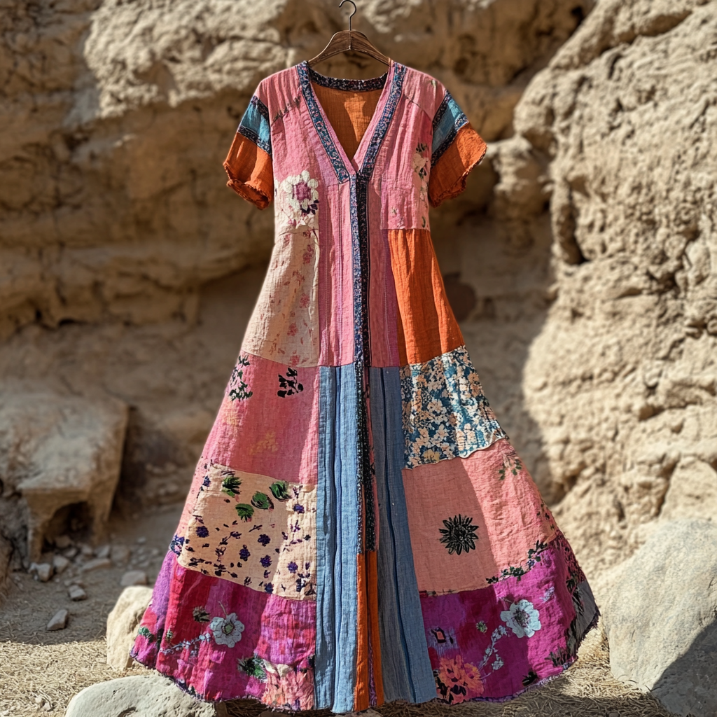 Vestido Feminino Retrô Floral com Costura Artística de Algodão e Linho Manga Curta 7d20