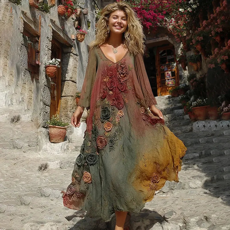 Robe longue en lin à col en V « Vintage Rose And Floral Gradient Art » de la collection Sunset