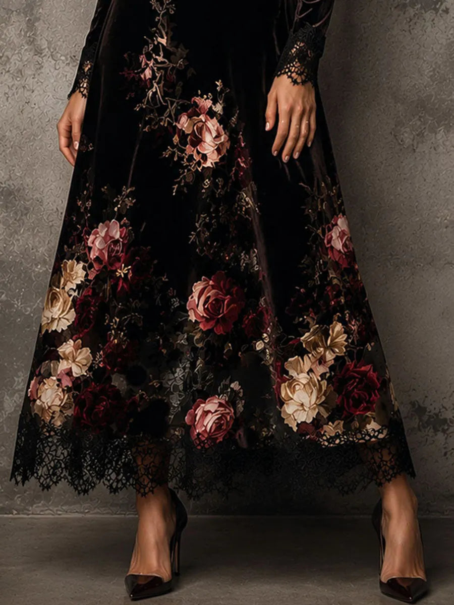Elegant Floral Velvet Lace Hem Stand Collar Flare MaxiDress