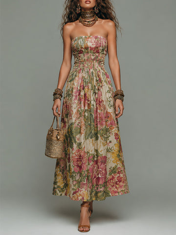 Robe longue bustier smockée imprimé bohème tropical