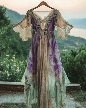 Vestido Longo Maxi de Verão com Renda e Babado Contrastante d8a7