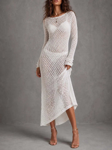 Vestido Midi Assimétrico Boho de Tricô Vazado de Manga Longa