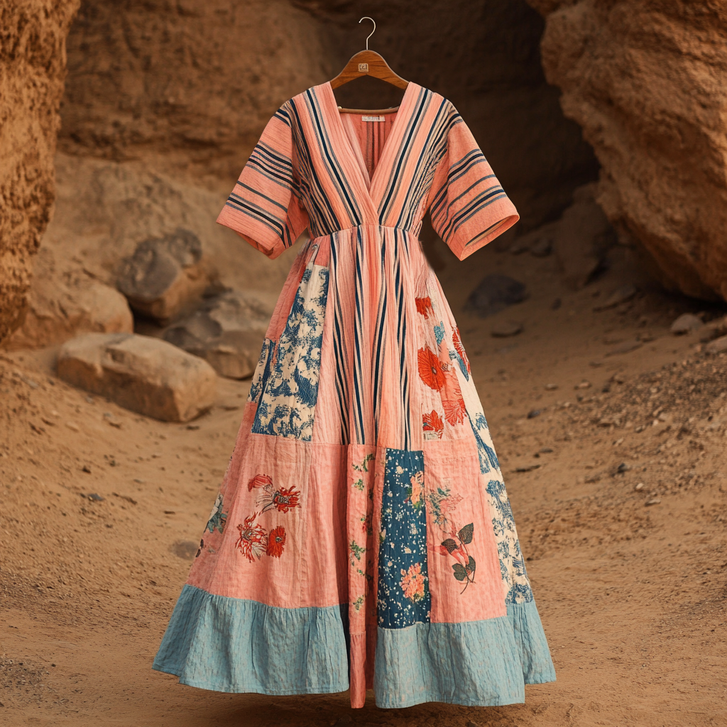 Vestido Feminino Retrô Listrado Floral com Costura em Algodão e Linho de Manga Curta 2fec