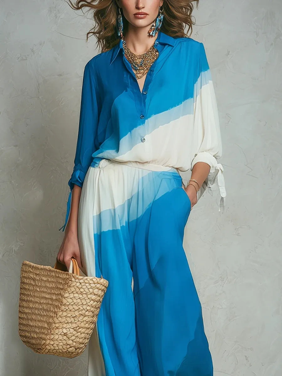 Casual Blue And White Gradient Shirt And Wide Leg Pants Suit