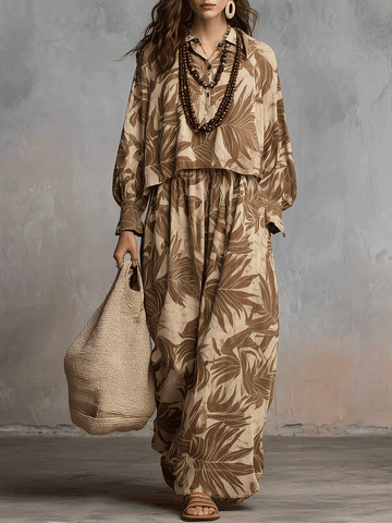 Conjunto Boho de Lounge Estampa Folhas Tons Terrosos