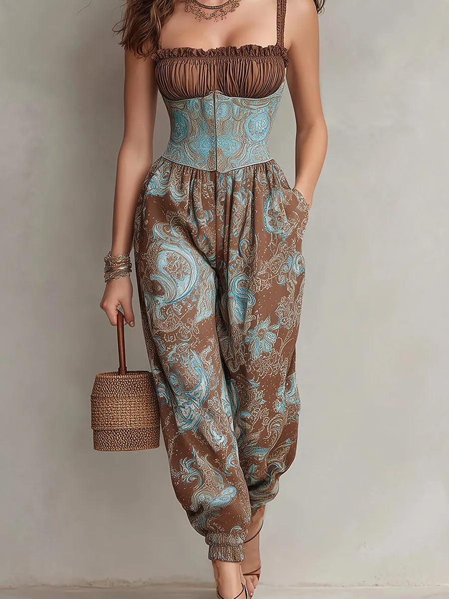 Retro Smocked Paisley-Print Lantern-Leg Jumpsuit