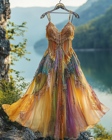 Vestido Verão Irregular Renda Retalhos Miçangas Babados 7413