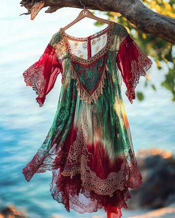 Vestido de verão com babados e renda e contraste de cores 13c2