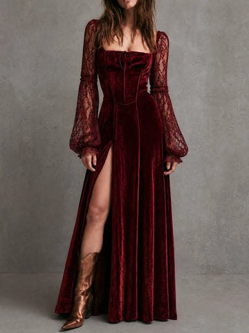Burgundy Velvet Lace Sleeve Maxi Dress