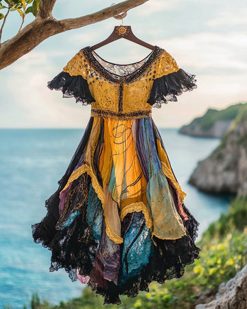 Vestido Curto com Babados e Renda Contrastante para Férias de Verão dd87
