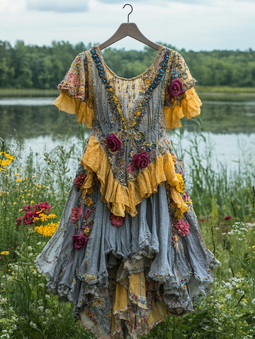 Vestido de Verão com Babados Renda e Contraste de Cores 415c