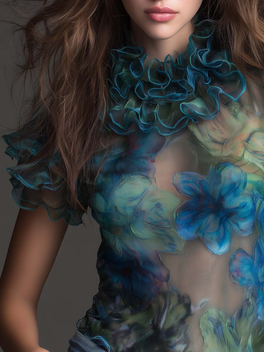 Top en maille transparente à volants fleuris, style bohème vintage