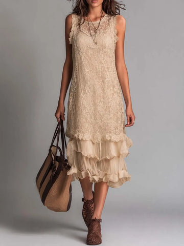 Vestido Midi Boho Sem Mangas com Camadas de Renda e Babados