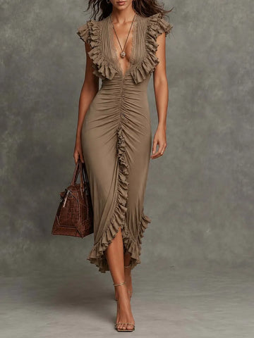 Vestido Midi Bodycon com Babados Boho, Tricotado, Franzido e Fenda