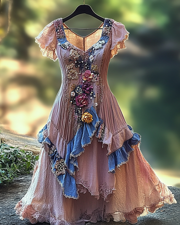 Robe d'été irrégulière en dentelle à volants et perles 0eb4