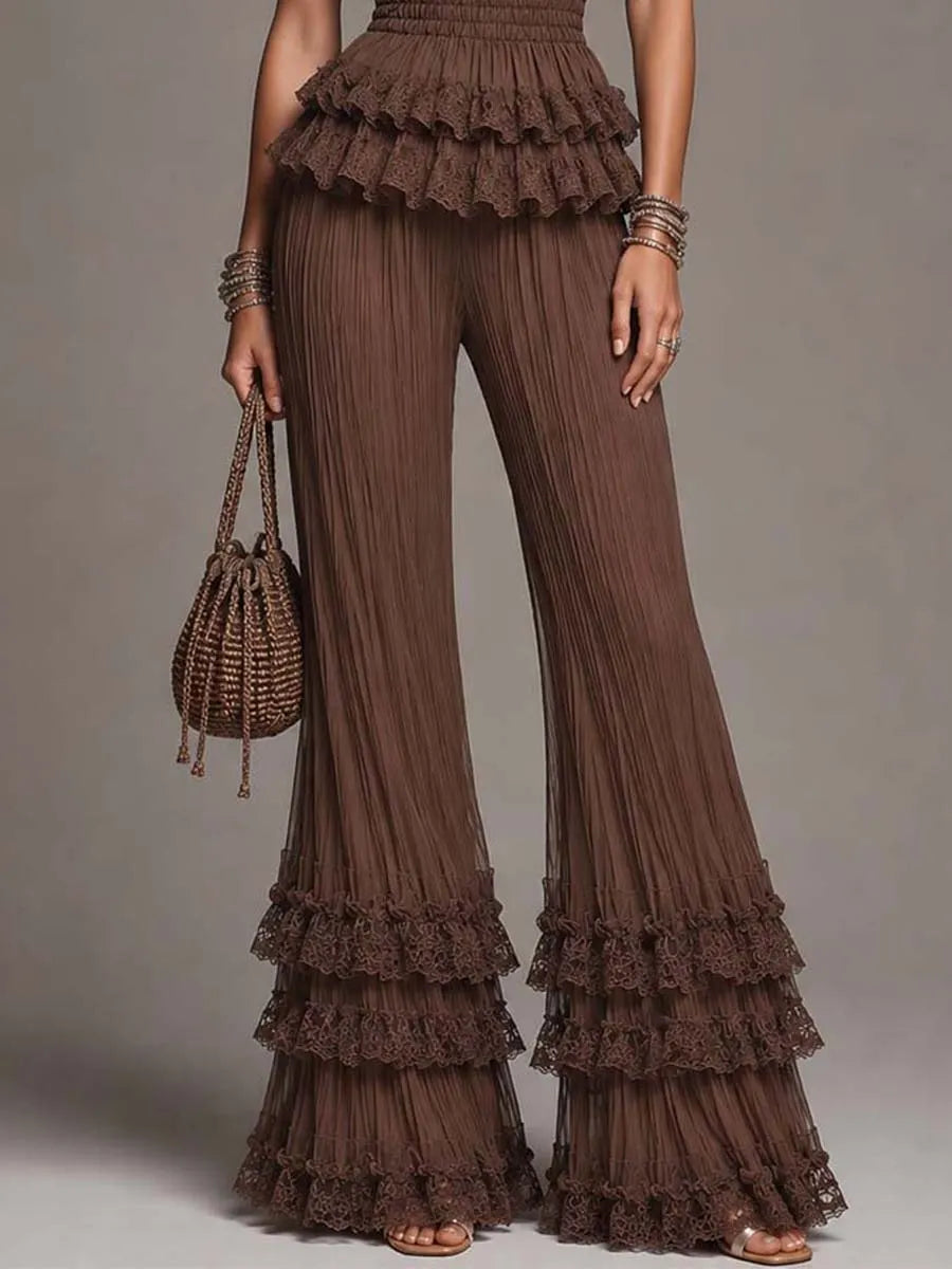 Ensemble deux pièces dos nu en maille marron chocolat et mousseline de soie froissée à volants de dentelle