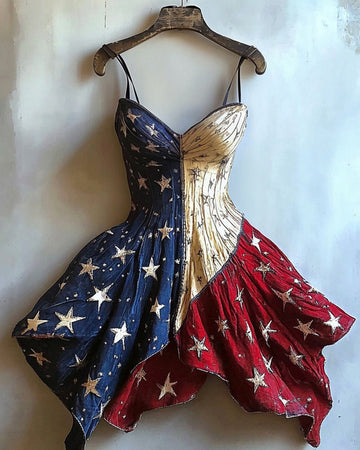 Vestido com estampa temática do Dia da Independência e detalhes dourados f3bd