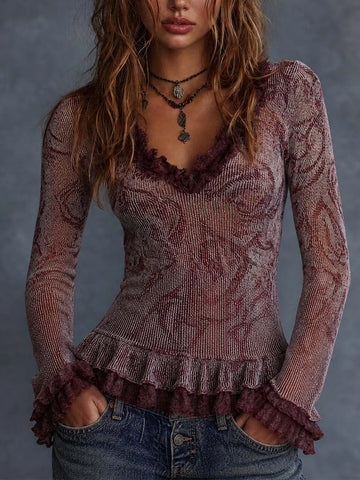 Top à volants froissé floral bordeaux