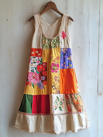 Vestido Boho Floral Patchwork em Linho Mistura 1ebd