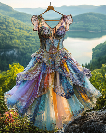 Robe d'été irrégulière en dentelle, patchwork et volants perlés f922