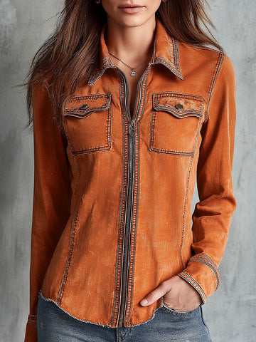 Jaqueta Jeans Utilitária Vintage Laranja Queimado com Zíper
