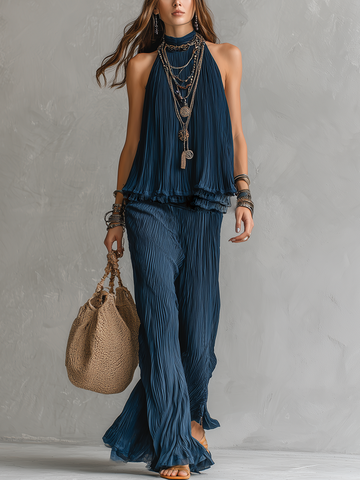 Conjunto de Blusa Plissada Ombro a Ombro e Calça Pantalona Azul Meia-Noite