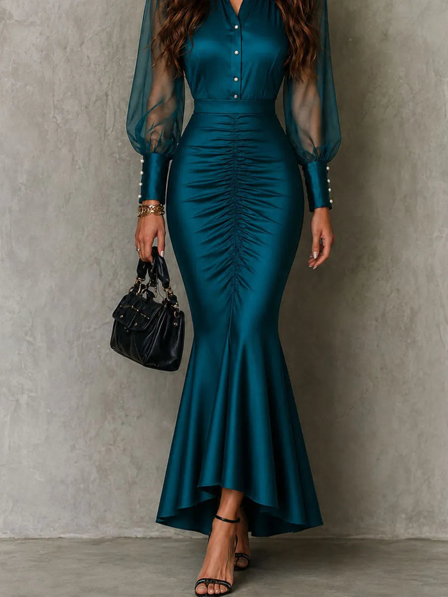 Robe longue sirène froncée en satin sarcelle rétro élégante à manches bouffantes transparentes