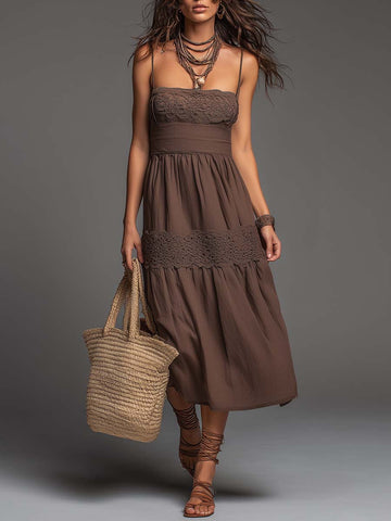 Vestido Midi Vintage de Alcinha com Decote Quadrado e Painel de Renda