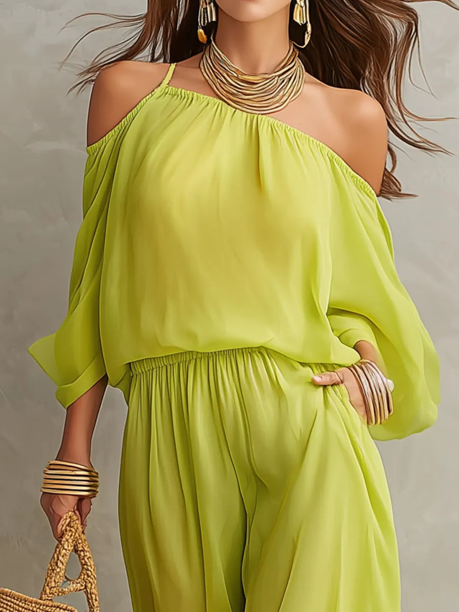 Ensemble coordonné pantalon transparent, coupe halter et épaules dénudées, vert citron vif