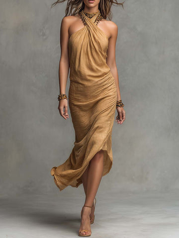 Vestido Midi Boho com Alça Cruzada e Franzido de Linho