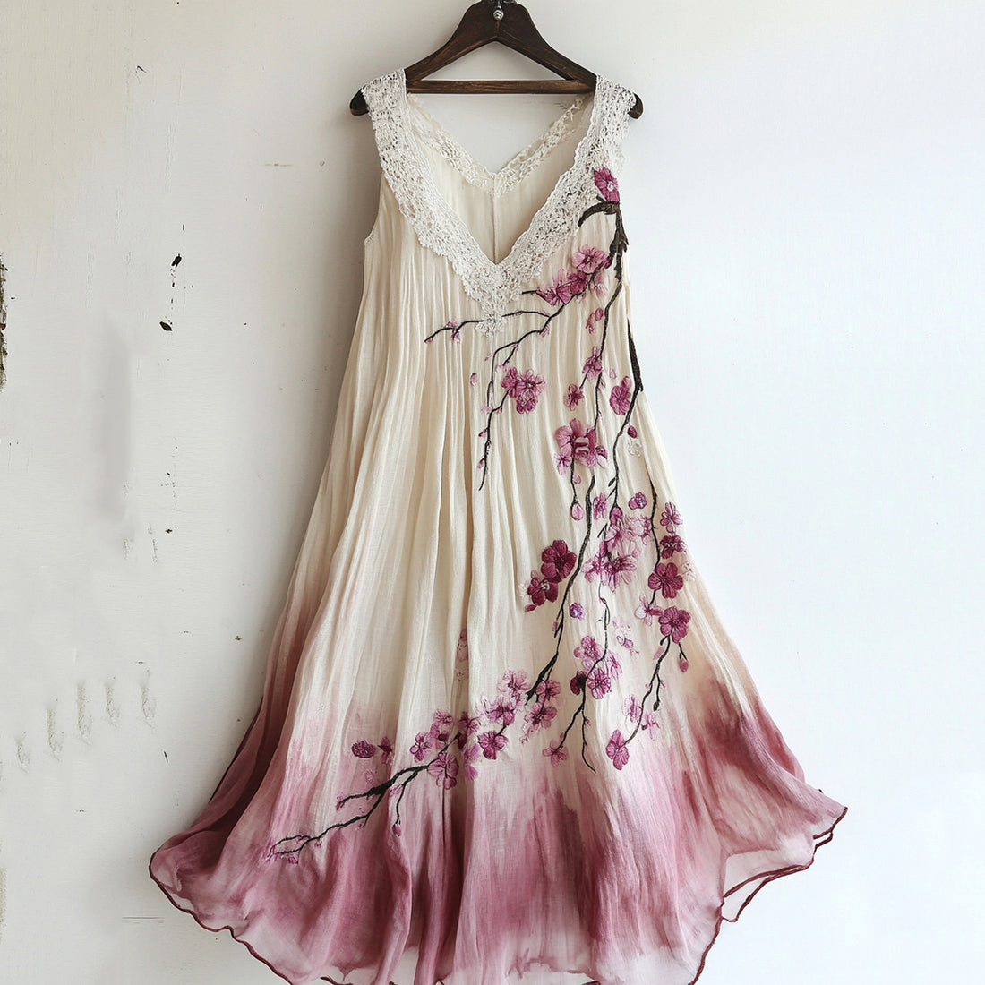 Vestido Regata Confortável Estampa Floral Cerejeira Vintage Degradê Renda df3f