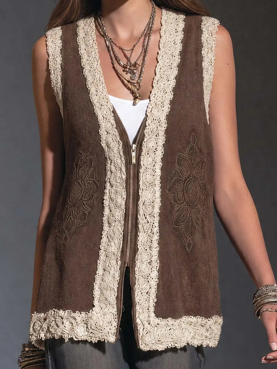 Gilet zippé brodé floral en crochet bohème avec dentelle