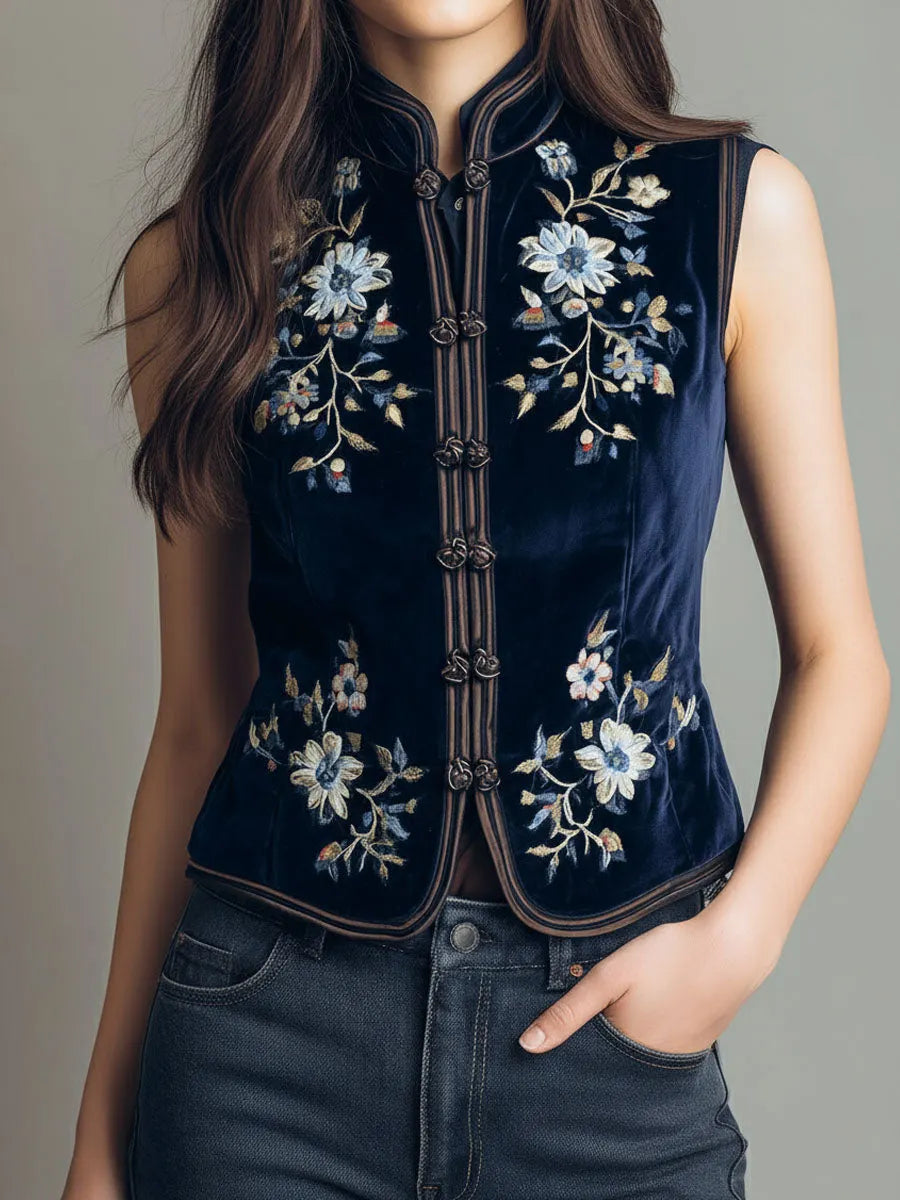 Gilet brodé en velours bleu marine col mao bohème