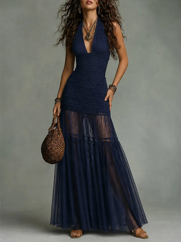 Vestido longo estilo boho com frente única, drapeado e painéis de tela