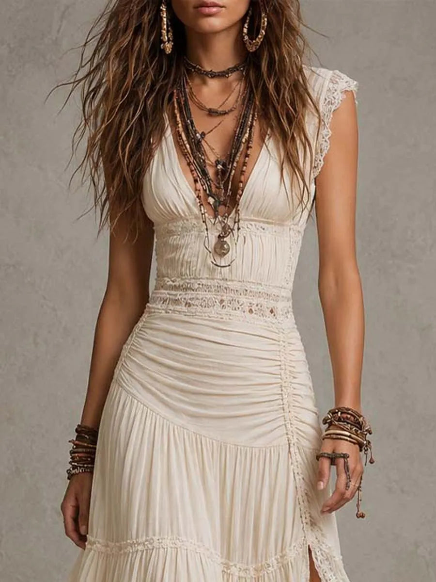 Robe longue bohème en maille crème avec dentelle de coton